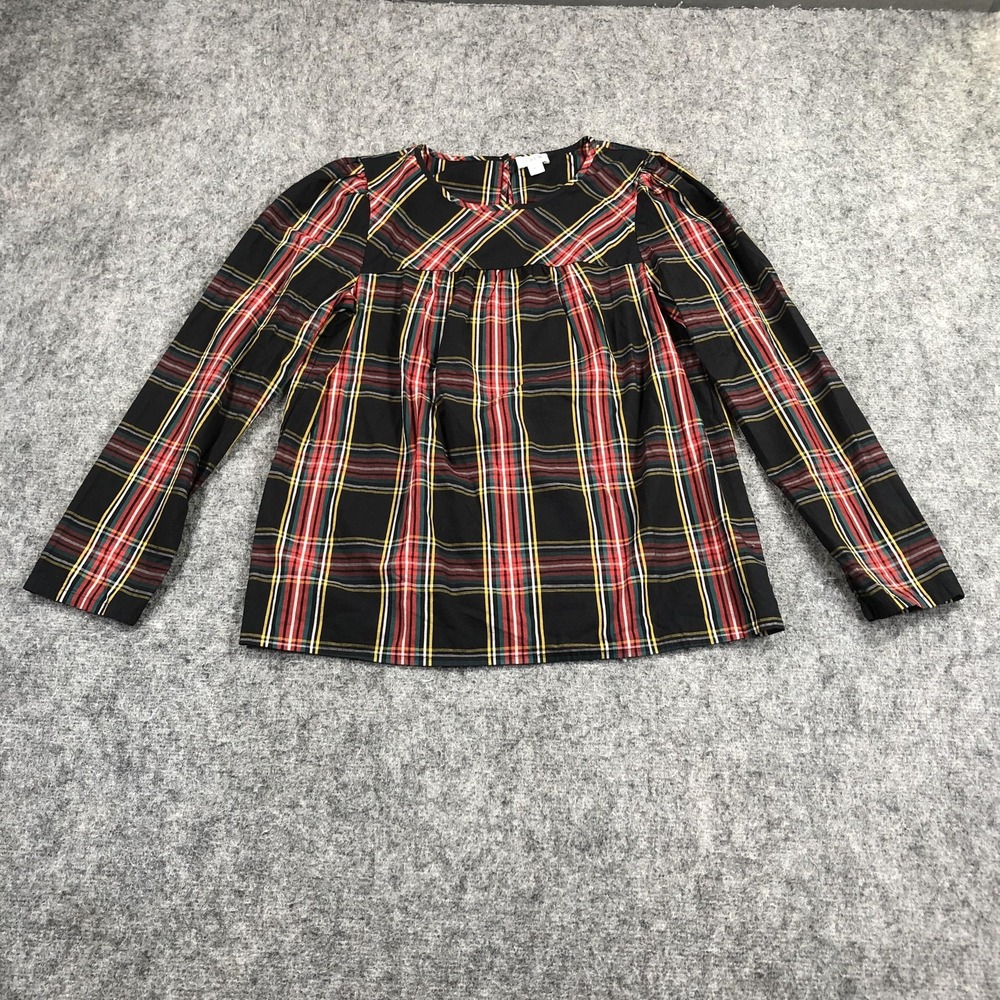 J.Crew Tartan Blouse Womens XS Black Plaid Long Sleeve Cotton Lightweight Top